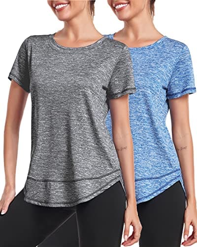 Image of Deaviya Women's Sports T-Shirt Gym Tops, Short Sleeve Workout Casual Running Tops, Ladies Gym Yoga Sports Top, Crew Neck Fitness T-Shirts for Women, Loose Side Split Tee,Grey+Blue 3XL