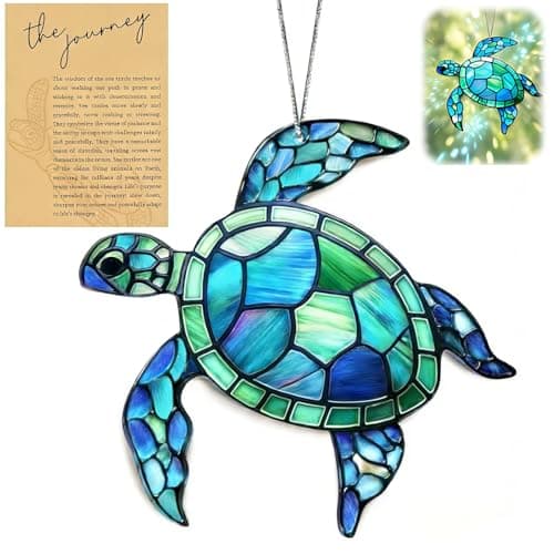 Image of Blue Turtle Suncatcher with Inspirational Card, Acrylic Stained Glass Style Sun Catcher for Windows, Cosy Turtle Ornament, Hanging Decorations for Shelf Wall and Garden