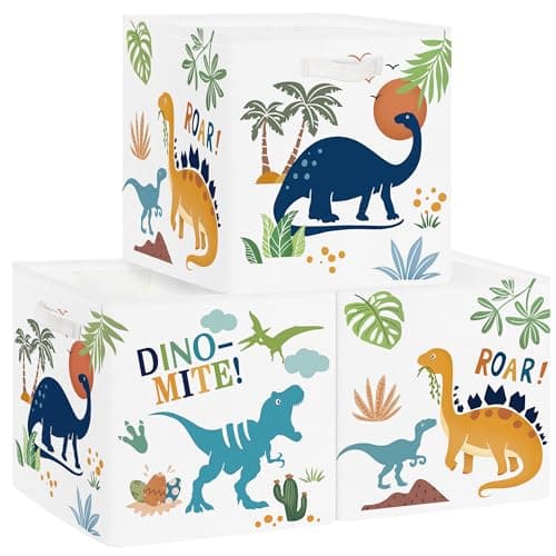 Image of Clastyle 3 pcs Dinosaur Cube Storage Unit Boxes Volcano Kallax Box for Shelves Parents Storage Baskets for Book Clothes Toy Organizer, Palms, 11.8x11.8x11.8 in