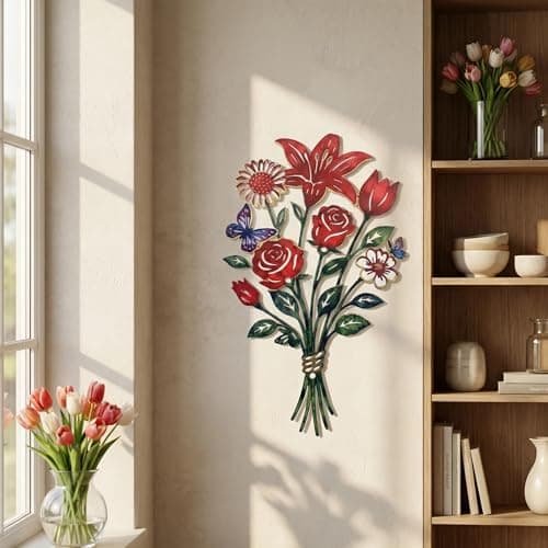 Image of BGJJGT Metal Flower Wall Art Decor, Wrought Iron Floral Sculpture Waterproof Outdoor Garden Fence Ornaments, Black Hanging Wall Decoration for Living Room Kitchen Bedroom Bathroom (Colored Version)