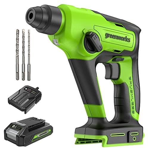 Image of Greenworks 24V Brushless Rotary Hammer Drill Cordless SDS-Plus Heavy Duty 4-Mode Selector Anti-Vibration Handle Built-in LED Light Impact Energy 1.2 Joule Tool Only