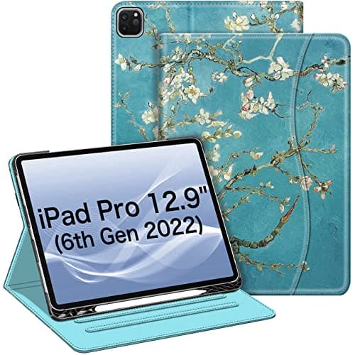 Image of FINTIE Case Compatible with iPad Pro 12.9 inch (2022/2021/2020/2018, 6th/5th/4th/3rd Generation), Multi-Angle Smart Stand Cover w/Pencil Holder & Pocket, Auto Sleep/Wake, Blossom