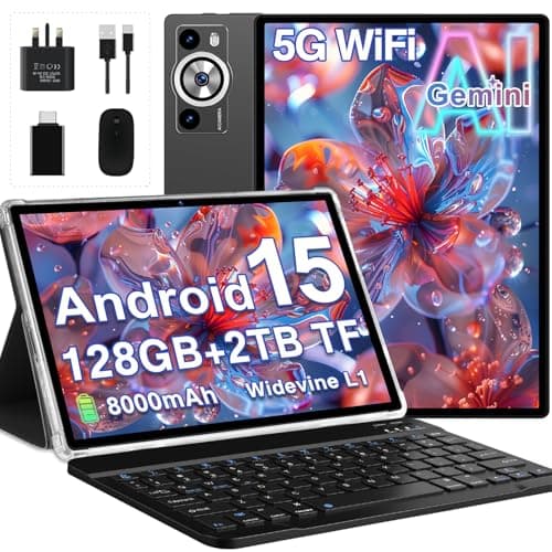 Image of 2026 Tablet 10 Inch Android 15 with Gemini AI, 30GB RAM+128GB ROM(TF 2TB), GMS, 8000mAh, Face ID, Octa Core 2.0GHz/BT5.0/GPS/Widevine L1/8MP+5MP/Widgets/5G WiFi Tablet with Keyboard & Mouse - Black