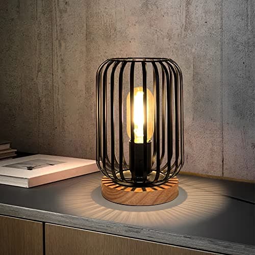 Image of HHMTAKA Metal Cage LED Bedside Table Lamp Wooden Base Desk Lamp 22cm High Decorative Bedside Lamp with Edison Bulb for Bedroom Living Room Guest Room Weddings Parties Patio