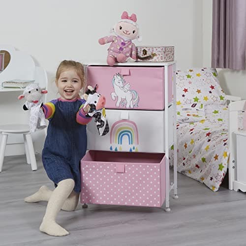 Image of Liberty House Toys Kids Unicorn Chest of Drawers - Furniture Storage Chest for Kid’s, Bedroom, Nursery, Playroom, Clothes, Toy Storage - Steel Frame, Wood Top, 3 Fabric Bins