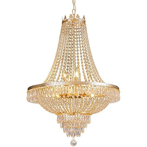 Image of LYMSXAZOU French Empire Crystal Chandelier Lighting 9 E12 Bulbs with Adjustable Hanging Light Modern Pendant Flush Mount Ceiling Fixture for Dining Living Room Foyer W 24'' x H 30'', Gold