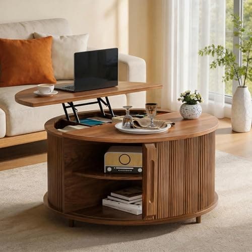 Image of Gryalzes Lift Top Coffee Table,80cm Fluted Wood Center Table,4-in-1 Modern Wood Circle Table with Hidden Storage and Open Shelves,Sliding Door,for Living Room/Reception,Walnut