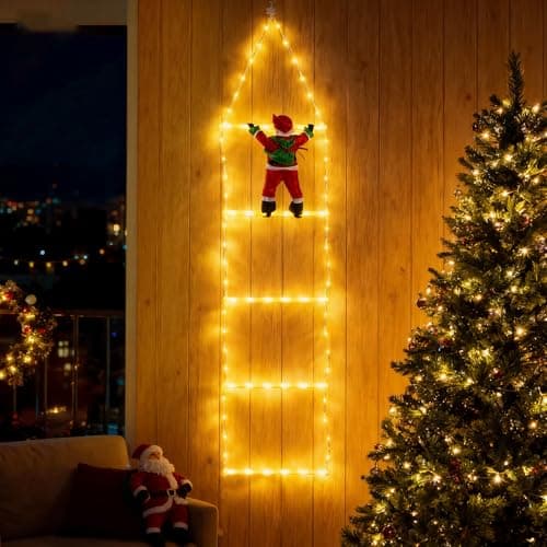Image of LEDYA Christmas Ladder Lights with Santa Claus, 1.25M/4.1Ft Santa Claus Climbing Ladder Lights, 98 LED Christmas Lights with Timer, 8 Modes for Indoor Outdoor Xmas Decorations (Warm White)