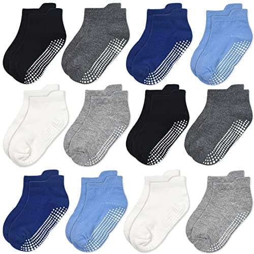 Image of GRPSKCOS Non Slip Toddler Socks 12 Pairs Anti Skid Ankle Baby Socks with Grippers Kids Boys Grips Cotton Crew Socks for 1-7 Years Children (#1 Boys Multicolor-12 Pairs, 1-3 Years)
