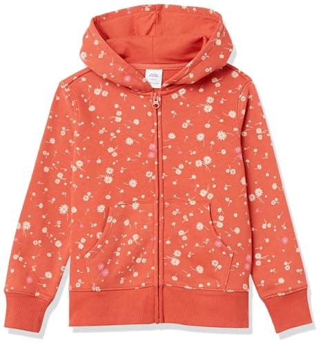 Image of Amazon Essentials Girls' Fleece Zip-Up Hoodie Sweatshirt, Orange Floral, 2 Years
