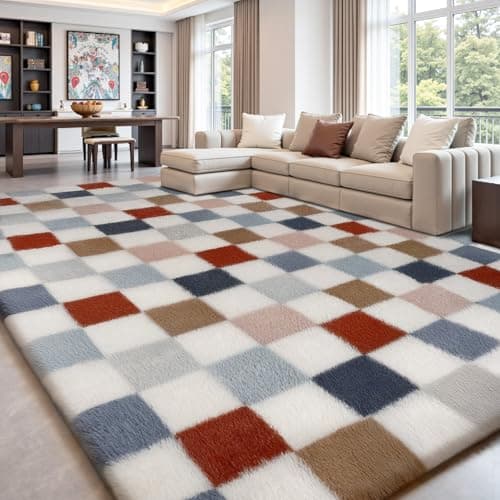 Image of Sour Lemon Rugs Living Room 160x230cm,Multicolor Checkered Area Rug for Bedroom,Washable Anti Slip Extra Large Shaggy Rug Soft Fluffy Rugs Fuzzy Carpet for Kids Room Nursery,Dorm Home Decor