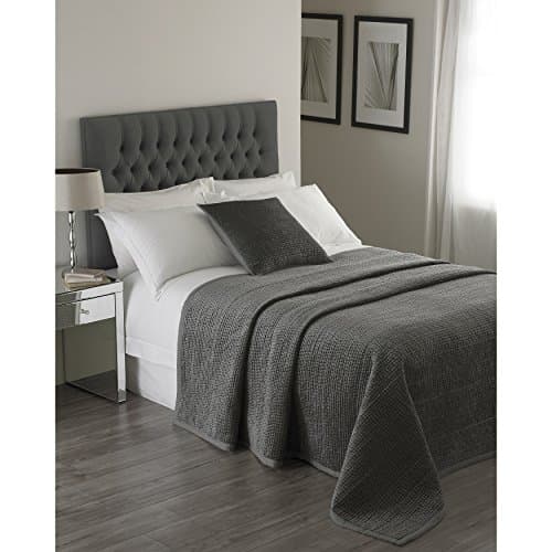 Image of Riva Paoletti Brooklands Luxury Super King Size Bedspread - Graphite Grey - Velvet Feel Quilt Design - Linen Border - 100% Polyester Filling - 265 x 265cm (104" x 104" inches) - Designed in the UK