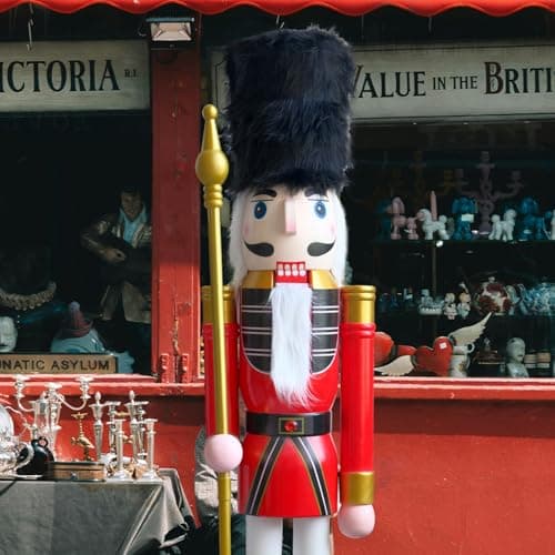 Image of CDL 150cm 60" 5Ft Tall Life-Size Large/Giant Red Christmas Wooden Nutcrackers Soldier On Stand Hold Ceremonial Sword Ornaments For Indoor Outdoor Xmas/Event/Ceremonies/Commercial Decoration K46