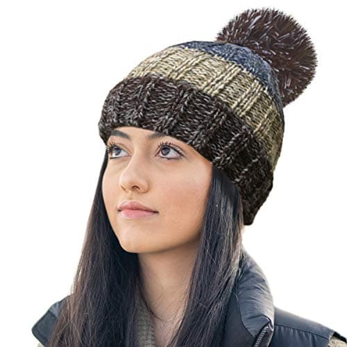 Image of RockJock R80 Unisex Mens Ladies Thermal Insulating Striped Beanie Bobble Hat with Cosy Fleece Lining-Mink/Blue