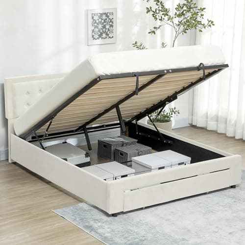 Image of HOMCOM Upholstered Ottoman Bed with Storage Drawer and Adjustable Headboard, 4ft6 Double Size Bed Frame with Gas Lift End Opening, Wooden Slats, No Mattress, Cream White