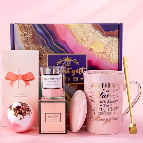Image of Best Friend Birthday Gifts for Women, Friendship Gifts for Women, Good Friends Coffee Mug with Bath Ball Scented Candle Gift Basket, Spa Relaxation Pamper Gift Set for Friends, Girls, Besties, BFF