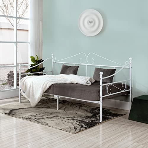 Image of buybyroom Metal Day Bed Frame 90 x 190cm, Single Bed with Headboard and Slatted Frame Single Bed Sofa Bed Day Bed for Bedroom Living Room Guest Room, White