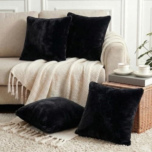 Image of Thmyo 4-Pack Faux Fur Cushion Covers Fluffy Soft Throw Pillow Cases Super Soft Plush Cushion Covers Fashion Home Decorative Pillowcases for Sofa Bed Couch,Black,18x18inch