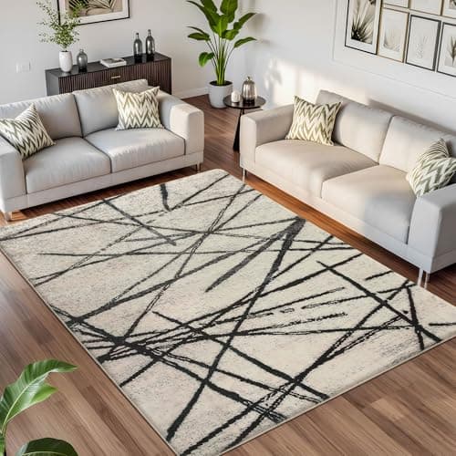 Image of Leesentec Rugs Living Room Bedroom Rug Modern Short Pile Rugs Bohemian Carpet Abstract Geometric Straight Line Pattern Carpets Non-slip Large Rug (Beige/Striped Black, 120 x 160 cm)