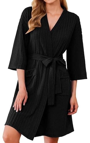 Image of Ekouaer Women's Robe Twisted Rib Knit 3/4 Sleeve Dressing Gown V Neck Bathrobe with Pockets Knee Length Loungewear Black M