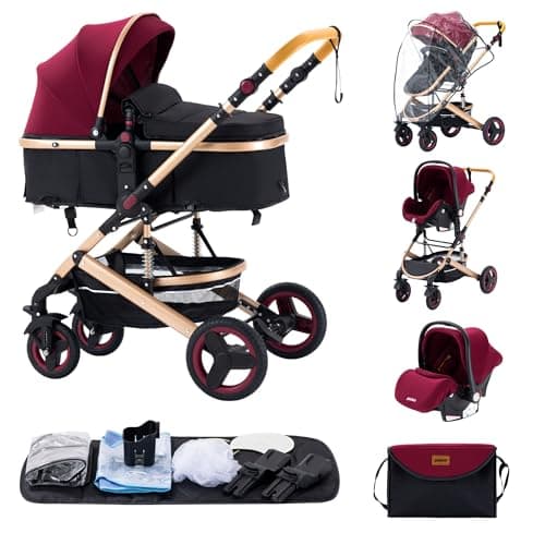 Image of ALYIKOU 3 in 1 Prams Travel System, Shock Absorption Baby pram,0-4 Years, Up to 22 kg, Foldable, Compact and Reclining Baby Pushchair, with Nursery Bag. (530 Red)
