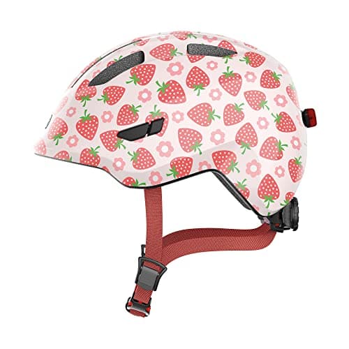 Image of ABUS children's helmet Smiley 3.0 LED - bike helmet with light - deep fit & space for a pigtail - for girls and boys - pink with strawberry pattern, size M