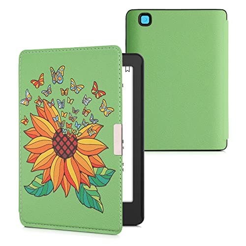 Image of kwmobile Case Compatible with Kobo Aura Edition 2 Case - eReader Cover - Sunflower Butterflies Yellow/Green