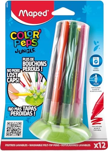 Image of Maped Jungle Innovation Felt pens - 12 Washable Colouring Pens With Compact Storage System - No More Lost Lids!