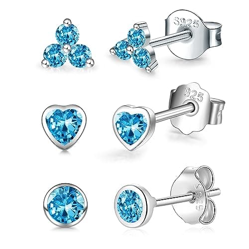Image of Sterling Silver Studs Earrings Set for Women Men, 3 Pairs Hypoallergenic Flower Heart Round Blue Cubic Zirconia Stud Cartilage Helix Studs for Multiple Piercing