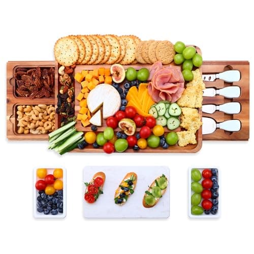 Image of hecef Cheese Board and Knife Set with Acacia Wood Platter, Marble Slate and Snack Trays, for Entertaining, Housewarming and Gift Giving (White)