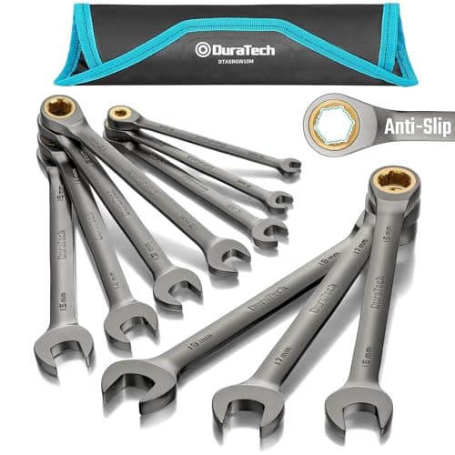 Image of DURATECH 10-Piece Anti-Slip Ratcheting Spanner Set 6-18 mm, Metric Combination Wrench Set, Cr-V Steel, Nickel Plating, 72-Tooth, with Roll-up Pouch