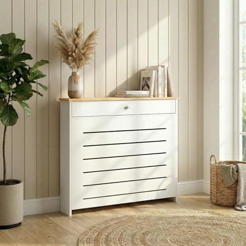 Image of DuraTherm® Radiator Cover Cream Painted MDF Cabinet Horizontal Slat Storage Drawers & Shelf, Radiator Cabinets for Office Hallway Living Room Bedroom, Small (H: 78cm / W: 96cm / D: 19cm)