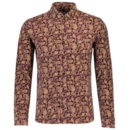 Image of Madcap England Men's Retro Mod 60s 70s 90s Indie Slim Fit Baby Cord Corduroy Paisley Print Round Penny Collar Button Down Shirt Kinfauns MC1059 (UK, Alpha, XL, Regular, Regular, Tawny Port)