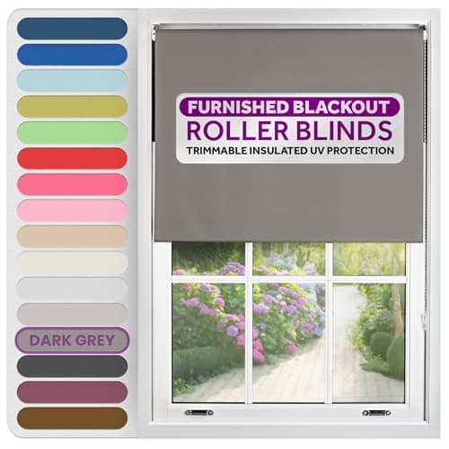 Image of FURNISHED Roller Blinds Thermal Blackout Roller Blind - Trimmable Insulated UV Protection Child Safe Easy Fit Home Office Window Blinds, Dark Grey, 60 cm Wide x 165 cm Long