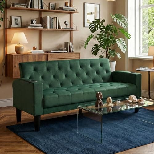 Image of GRAVFORCE Sofa 2 Seats 157cm Comfy Small Sofa with 2 USB 2 Cup Holders Upholstered Couch Loveseat Sofas for Living Room Bedroom Office Green
