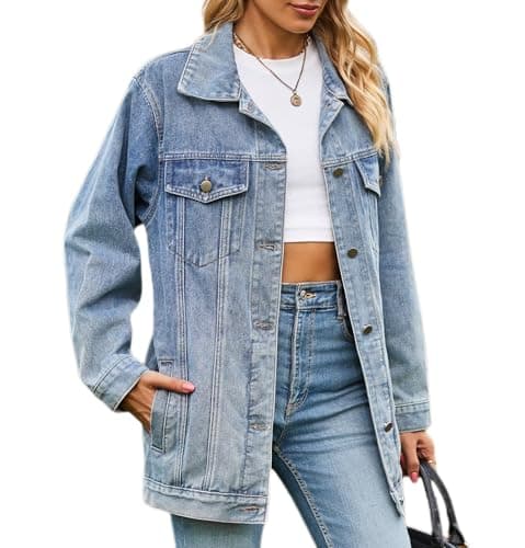Image of sandbank Womens Oversized Denim Jacket Button Down Casual Loose Long Sleeve Distressed Trucker Jackets Mid Long Jean Coat