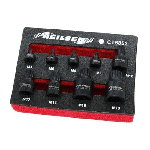 Image of Neilsen CT5853 9pc Impact Spline Bit Set Low Profile Stubby Spline Impact Bit Socket Set 1/4in 3/8in 1/2in Drive M4–M18 Chrome-Molybdenum for Air and Electric Impact Guns