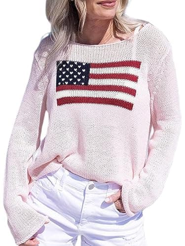 Image of SANSIWU Women Y2k Vintage Sweater Casual Long Sleeve Crew Neck Loose Knit Pullover USA Flag Print Sweatshirt Preppy Striped Sweater (H-Pink, S)