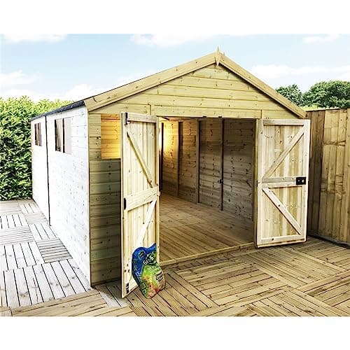 Image of 20 x 8 Pressure Treated T&G Apex Wooden Workshop/Garden Shed + Double Doors (20' x 8' / 20ft x 8ft) (20x8)