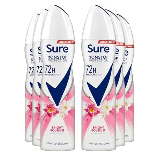 Image of Sure Antiperspirant 72H Nonstop Sweat and Odour Protection Alcohol-Free Body Spray Anti-White Marks with Fresh and Clean Multi Fragrance Deodorant for Women, 150ml Pack of 6 (Bright Bouquet)