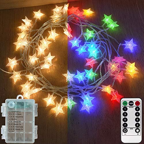 Image of Abkshine 【3-in-1 Function】 50 LED Star Fairy Lights, Battery Powered Christmas Lights, Warm White + Multicoloured String Lights for Indoor Outdoor Wedding Bedroom Patio Umbrella Decorations