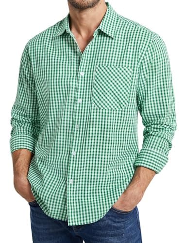 Image of Enlision Mens Check Shirt Long Sleeve Smart Casual Green and White Plaid Checked Shirts for Men with Pocket Button Up Classic Gingham Tartan Top for Work Office Party S