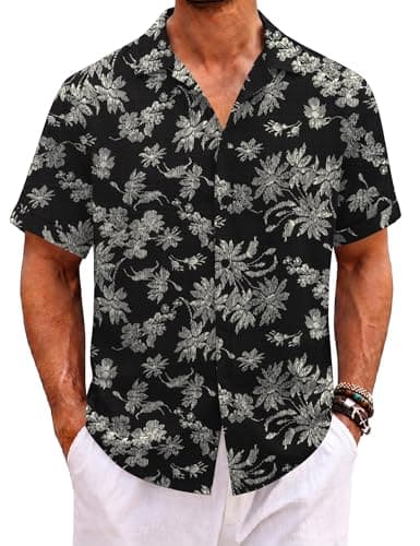 Image of EFFAN Mens Short Sleeve Shirt Button Down Hawaiian Lightweight Casual Shirt for Holiday Summer Beach Shirts Casual Tops (XXL,Black-White Flowers)