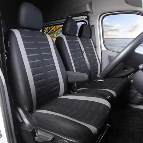Image of TOYOUN Universal Car Van Seat Cover Suitable for Most Trucks, Vans and Buses, Designed for Front 2+1 Seater Universal Washable Fabric Seat Covers, Black and Grey