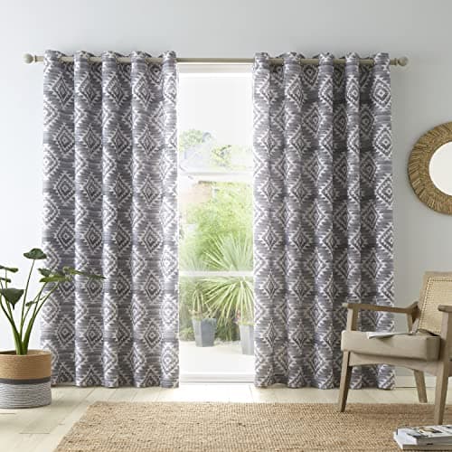 Image of Catherine Lansfield Living Aztec Geo 66x90 Inch Lined Eyelet Curtains Two Panels Charcoal Grey