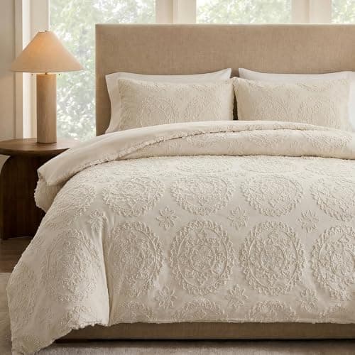 Image of Herside King Size Tufted Bedding Set Vintage Farmhouse Duvet Cover Set 3pcs Boho Circular Tufted Printed Embroidery Microfibre Quilt Cover Set Cottage Home Decor for Girls Teens Adult