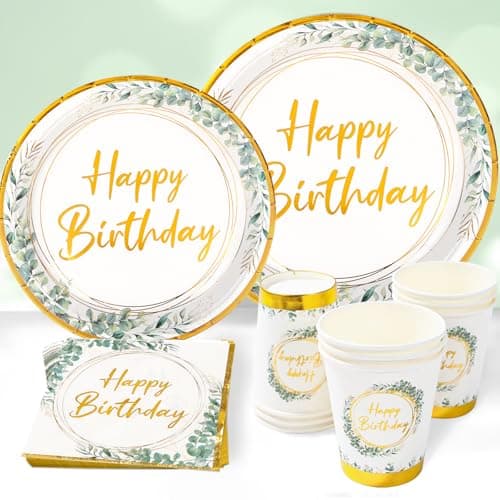 Image of 96pcs Happy Birthday Party Plates Cups and Napkins - White Gold Birthday Disposable Plate Party Tableware Including Paper Plates Cups and Napkins for Kids Birthdays Party Decorations(24 Guest)