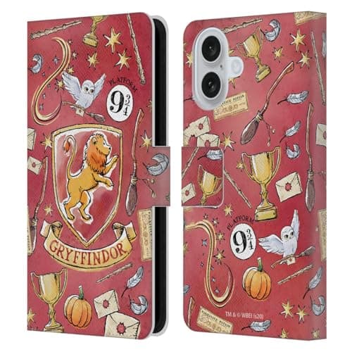 Image of Head Case Designs Officially Licensed Harry Potter Gryffindor Pattern Deathly Hallows XIII Leather Wallet Case Compatible With Apple iPhone 16
