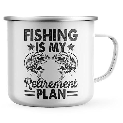 Image of Purple Print House Fishing Is My Retirement Plan Enamel Mug Funny Men Dad Grandad Fisherman Coffee Tea Cup Gift