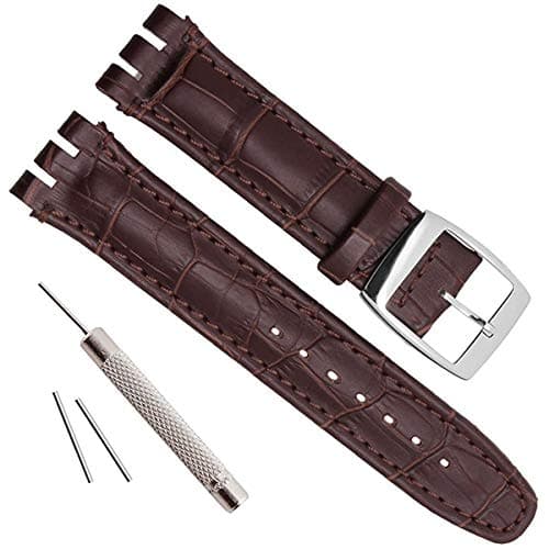 Image of OliBoPo Alligator Grain Cow Leather Stainless Steel Buckle Watch Band Strap for Swatch (19mm, Brown)